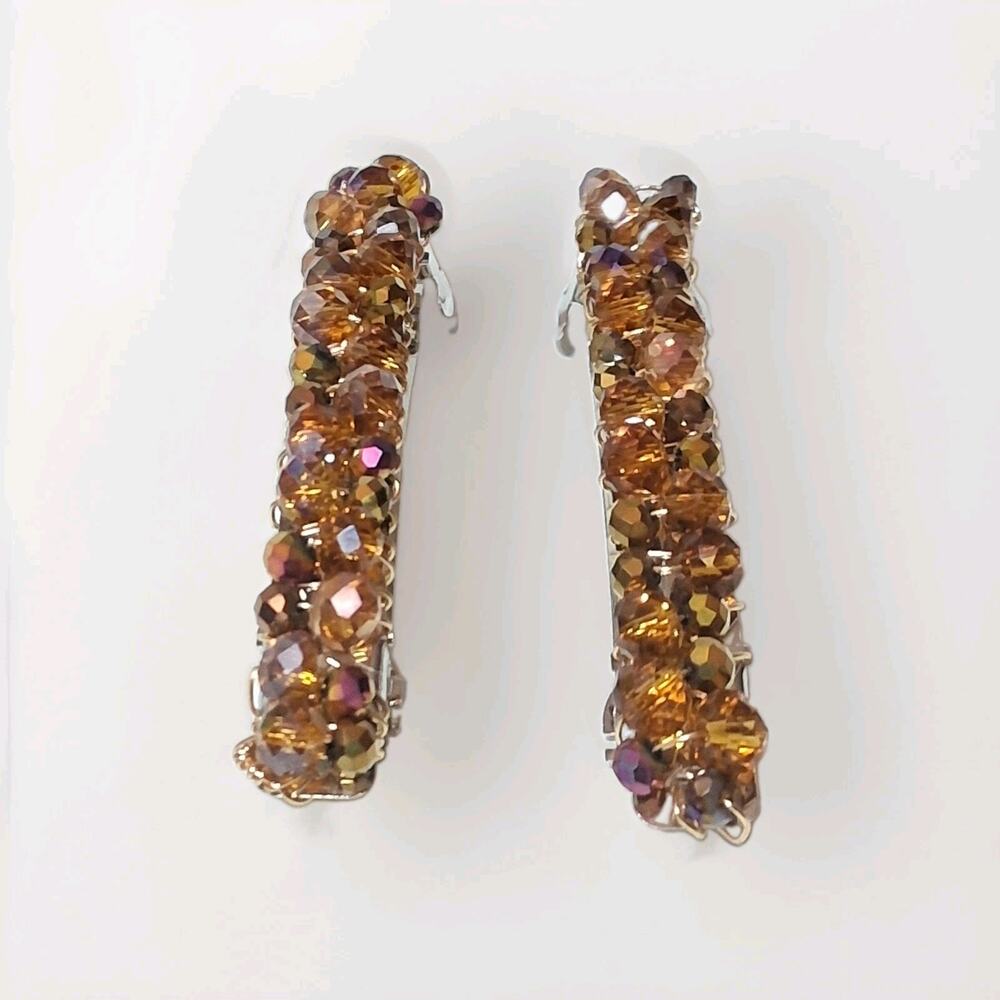 2 Champagne brown crystal-beaded barrettes silver tone metal clasp wedding prom